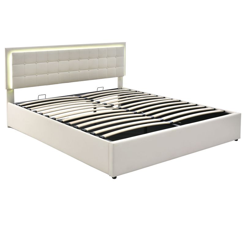 Lit double 140 x 200 cm avec sommier à lattes et rangements, avec bande lumineuse LED, cadre de lit rembourré en similicuir blanc._voghion.com