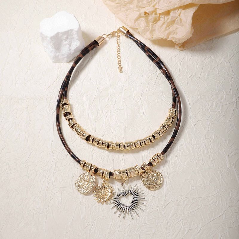 Retro Heart Shape Flower Pu Leather Zinc Alloy Layered Necklaces Wholesale_voghion.com
