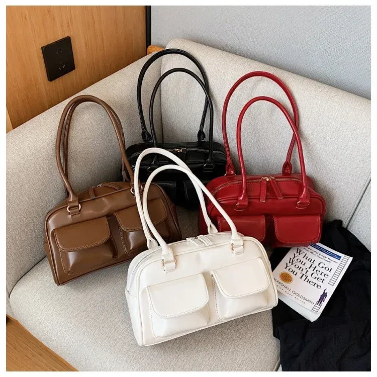 Borsa a tracolla da donna rossa retrò, in pelle verniciata, multitasche, da donna, a tracolla, sottobraccio, tote bag_voghion.com