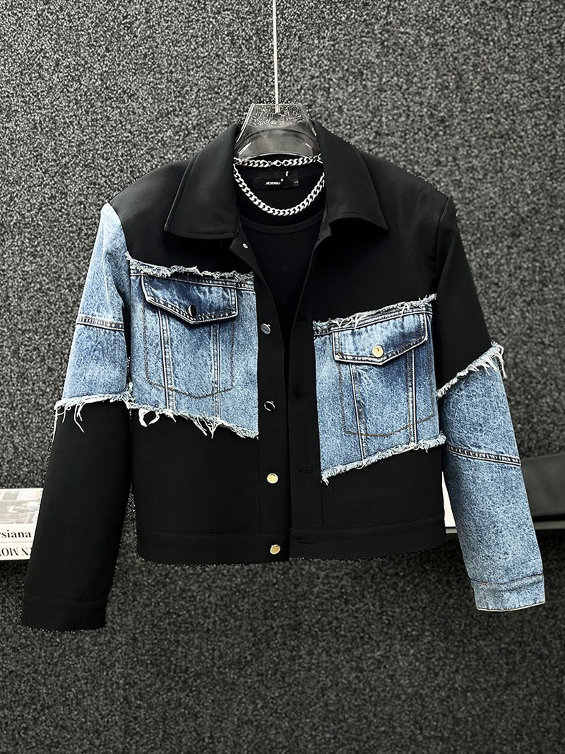 Denim-Paneled Jacket & Pants Set – Men’s Oversized Streetwear Two-Piece (M-XL) – Korean-Inspired Casual Outfit_voghion.com