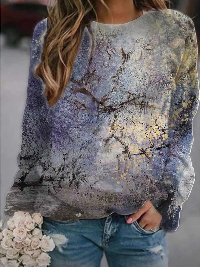 Felpa con cappuccio a maniche lunghe con stampa floreale e paesaggio da donna 2022_voghion.com