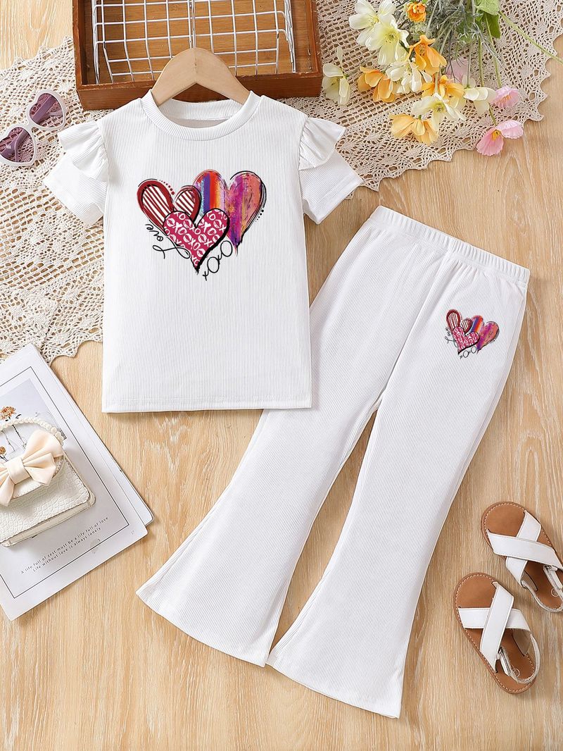 Mutter & Kinder Mädchen mode liebe gedruckt kurzarm hosen zwei-stück sommer rundhals spitze ärmel top anzug_voghion.com