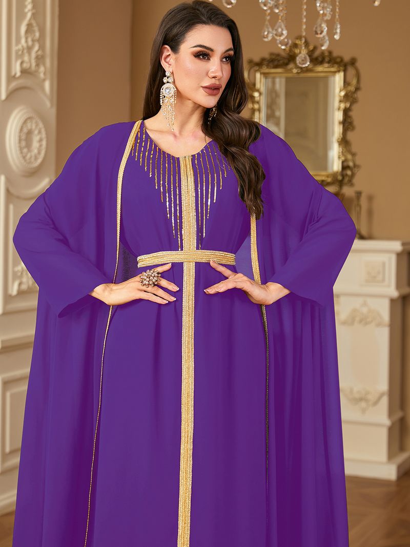 Vêtements pour femmes transfrontaliers du Moyen-Orient Robe arabe Mode paillettes broderie mousseline de soie deux pièces robe Europe et Amérique_voghion.com