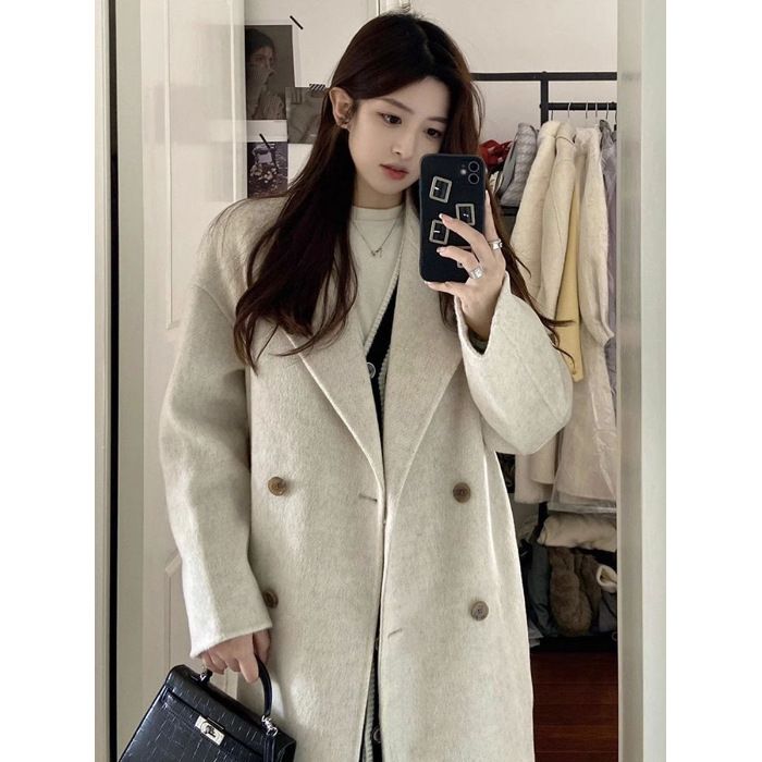 Grauer zierlicher Wollmantel im koreanischen Stil für Damen, Herbst und Winter 2024, neues Design, mittellanger, verdickter Mantel_voghion.com