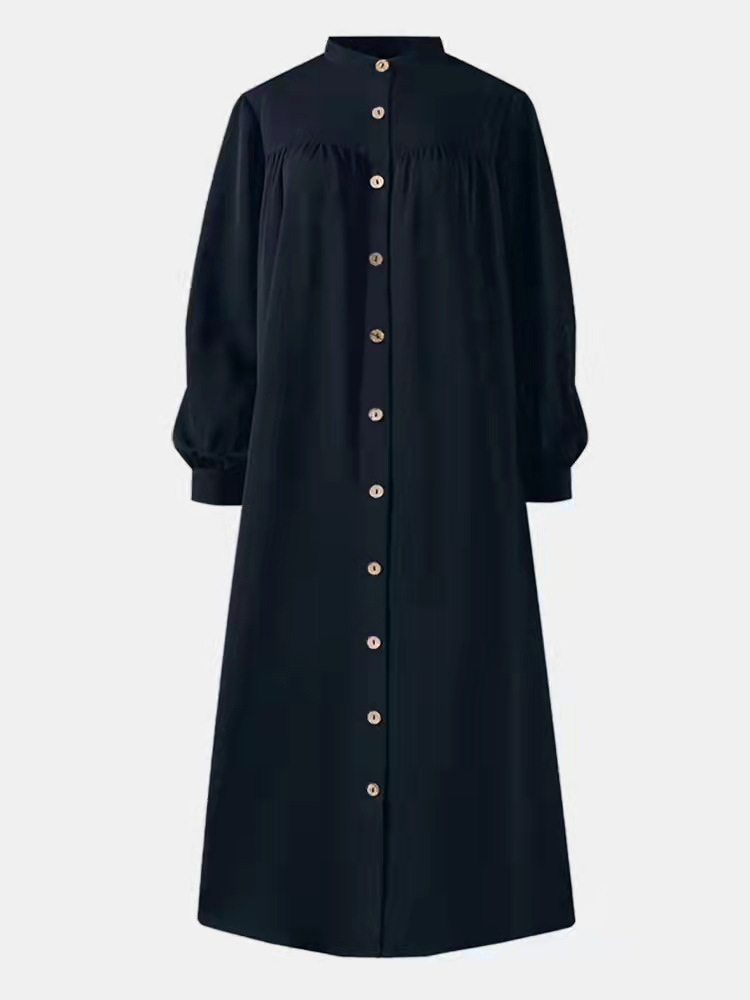 Damenkleid, einfarbig, Langarm, Tasche, Button-Down-Hemdkleid, lässige Robe_voghion.com