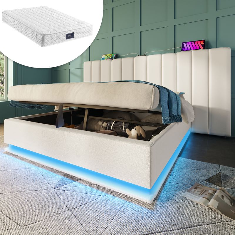 Lit double 160 x 200 cm avec rangement intégré, éclairage LED et recharge USB-C via application, sommier à lattes et matelas inclus, similicuir, blanc_voghion.com