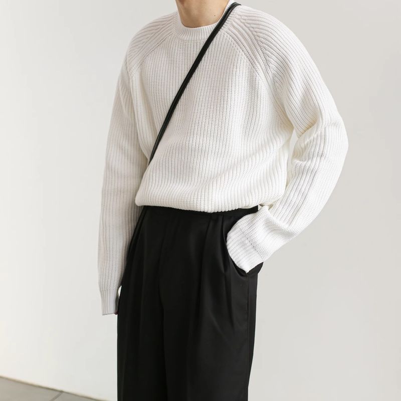 Minimalist Büyük Boy Yuvarlak Yaka Kazak - Kırışmaz Polyester Karışımı, Unisex, Katmanlı Giymeye Uygun (Siyah/Beyaz, M-XXL)_voghion.com