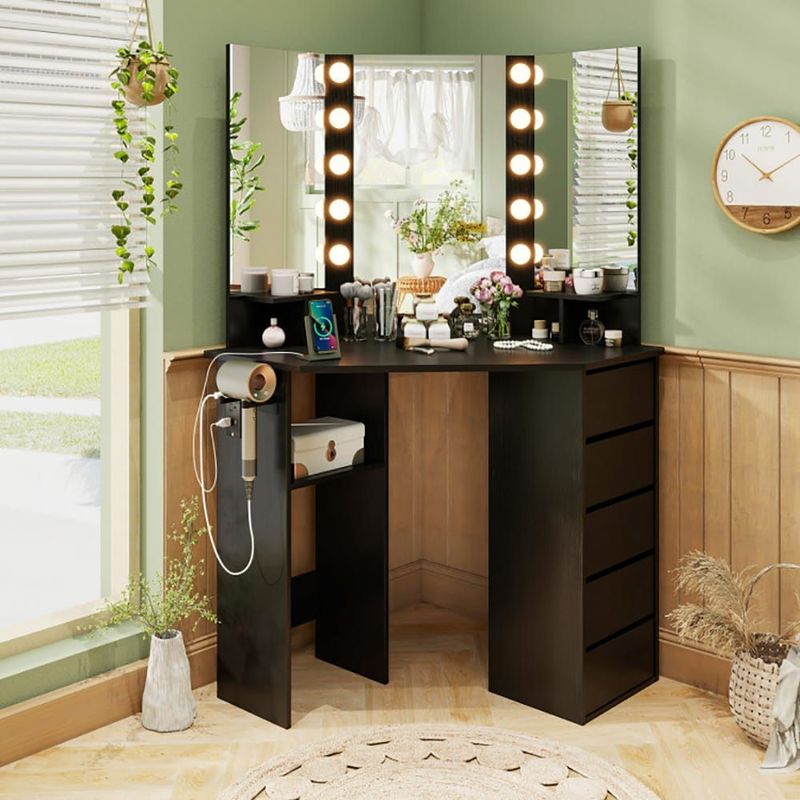 Corner Vanity Desk With 3-Color LED Lighted Mirror And Power Outlet_voghion.com
