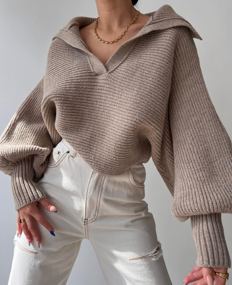 Abbigliamento donna autunno e inverno stile caldo pigro sciolto maniche a lanterna collo aperto pullover maglione corto da donna_voghion.com