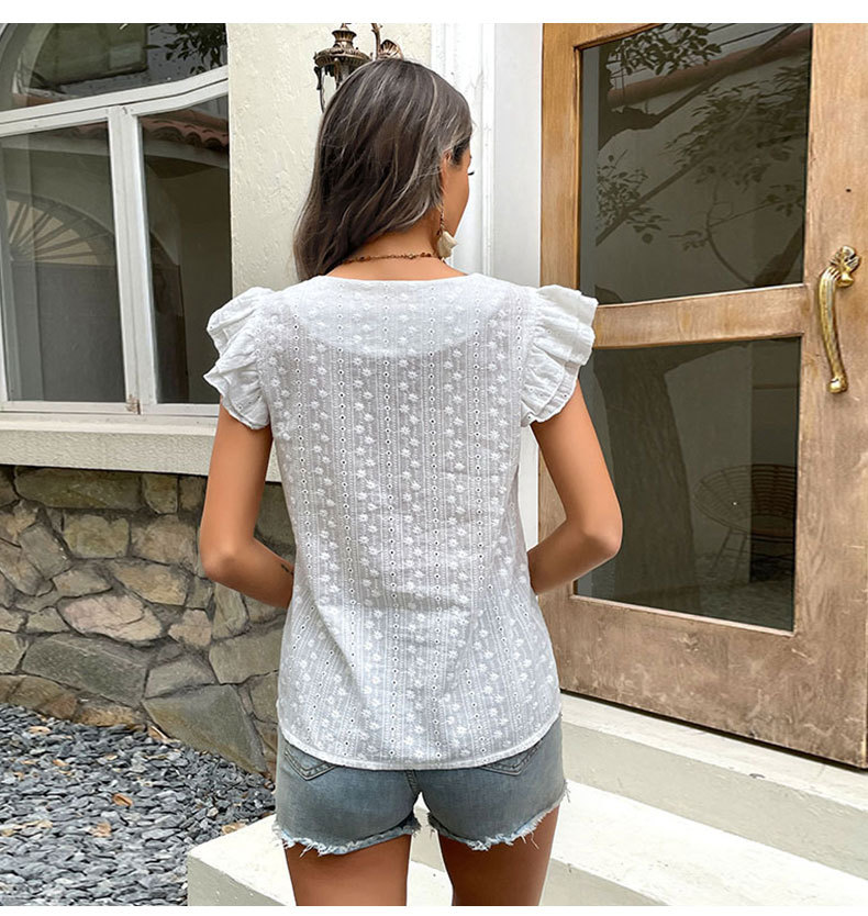 Camisa casual de algodón con cuello en V blanca_voghion.com