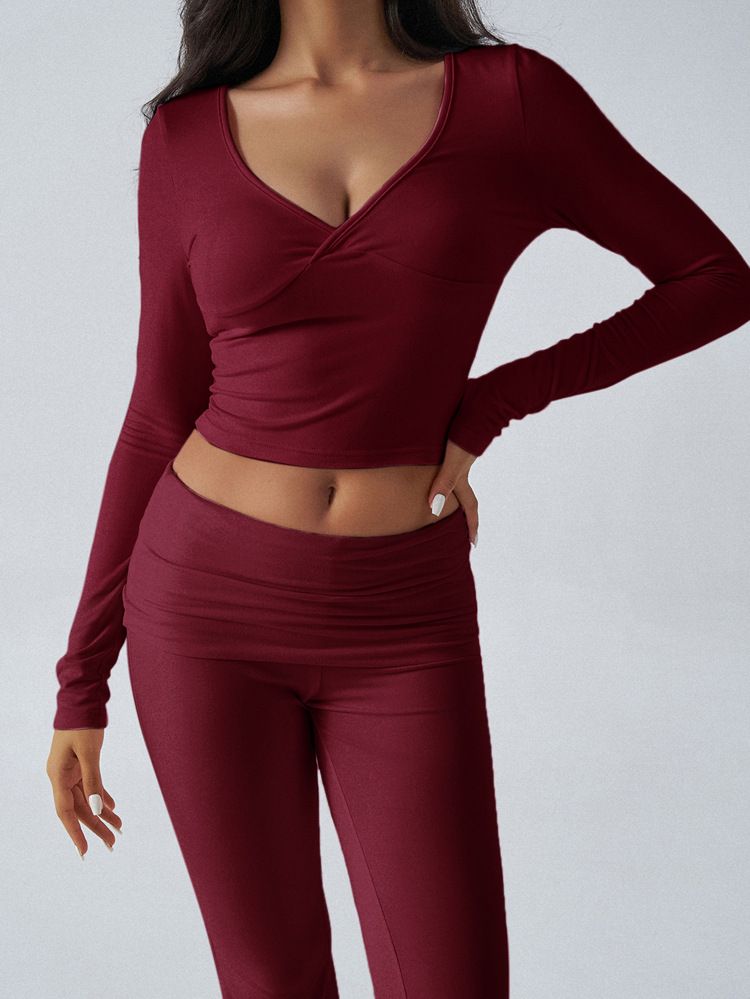 KaiKuo 2024 Automne Hiver Femmes Y2K Décontracté Sport Style Couleur Unie Haut Pantalon Évasé Ensemble 2 Pièces_voghion.com