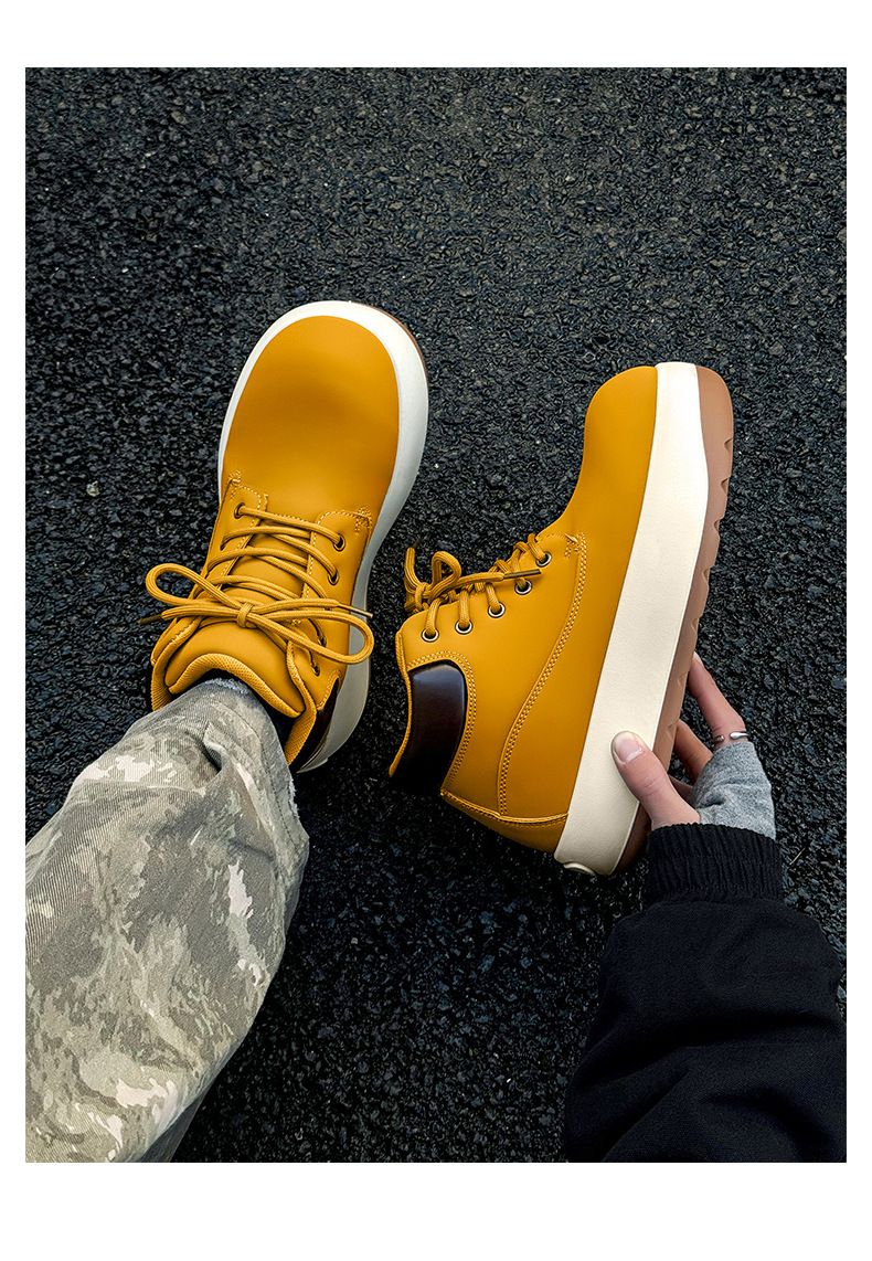 Men's Chunky Derby Boots Retro Motorcycle Style High Top Martin Boots In Yellow/Black/Brown - Fashionable & Comfortable_voghion.com