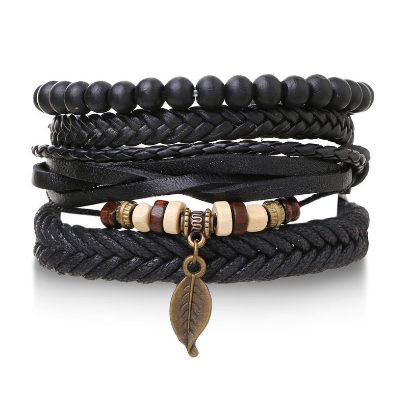 2125 Bracciale da uomo in pelle intrecciata a mano con perline, regolabile, multistrato_voghion.com