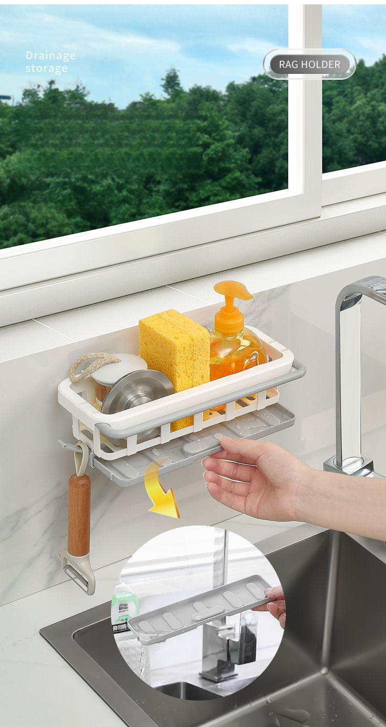 Kitchen Storage No-Drill Wall-Mounted Miscellaneous Organizer Multi-Functional Draining Spice Rack Sink Artifact_voghion.com