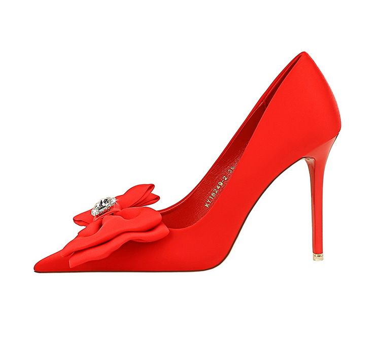 18249-H33 Korean Fashion Banquet Thin Heels, Shallow Mouth, Pointed Water Diamond Bow, High Heel Single Shoes For Women_voghion.com
