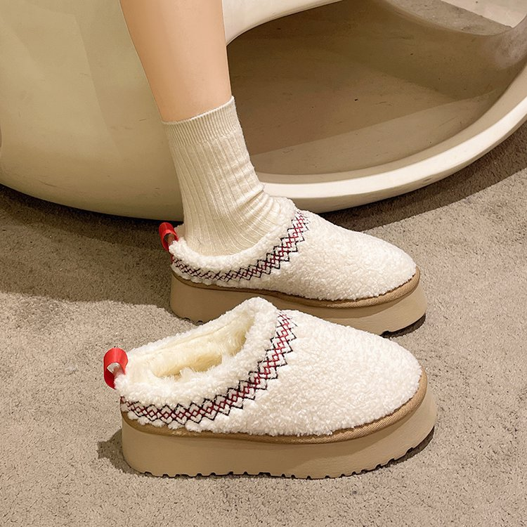 2025 Winter Fleece-gevoerde warme comfortabele dikke zool sneeuwkatoenen ronde neus instappers voor dames antislip_voghion.com
