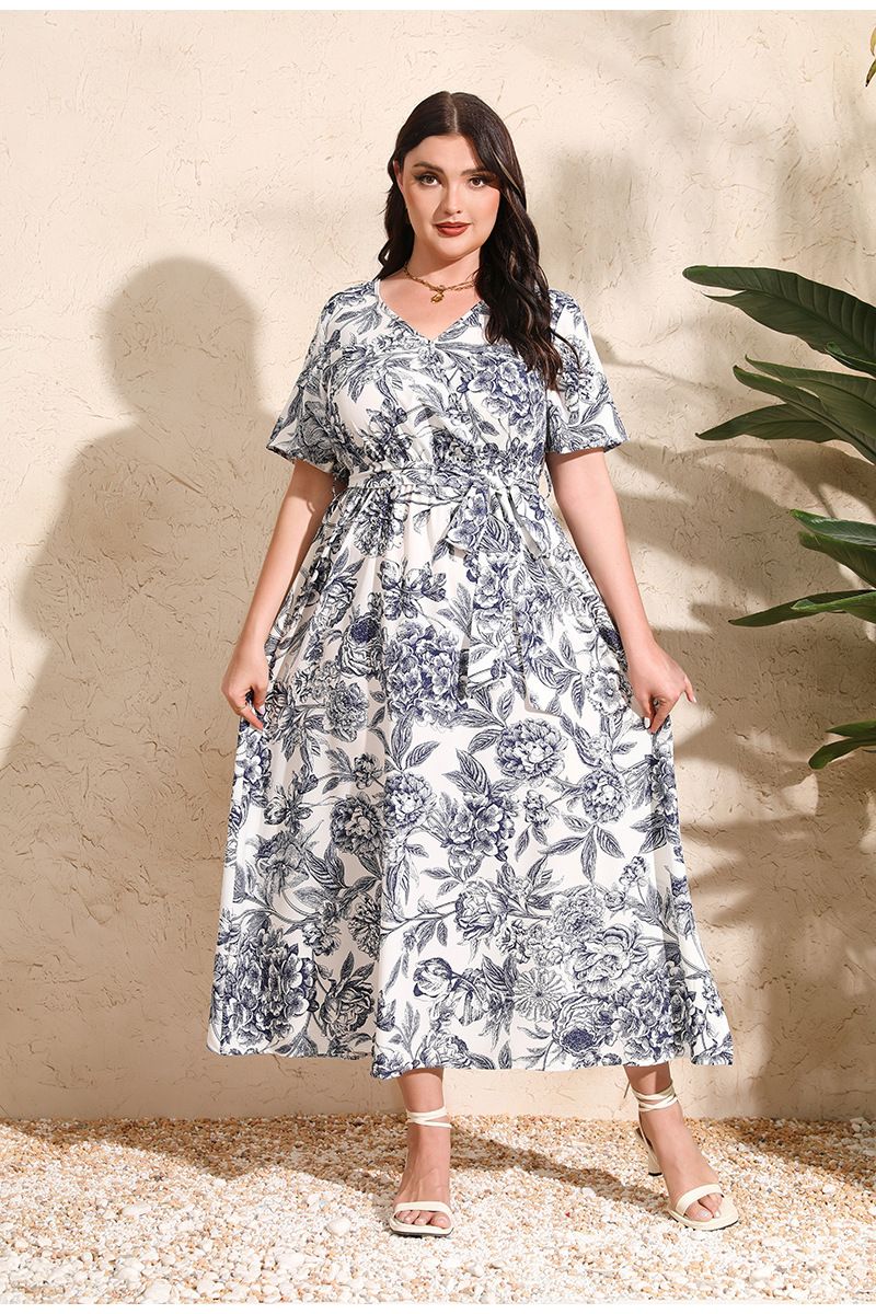 Vestido de talla grande para mujer, falda larga de manga corta con cintura elástica y flores pintadas artísticas, mm de grasa_voghion.com