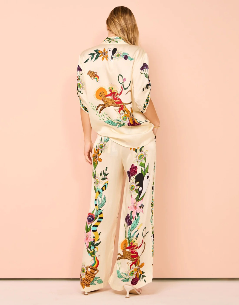 Abbigliamento da donna, camicia a maniche corte temperamento stampato in raso + pantaloni, set di due pezzi_voghion.com