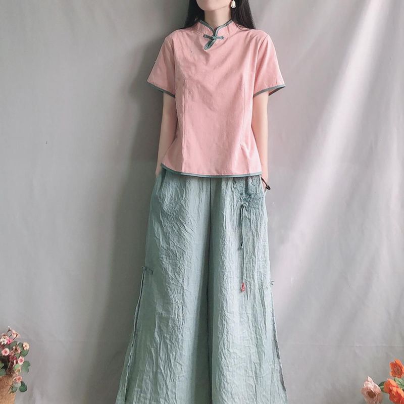 Colleziona camicie artistiche in cotone e lino jacquard, colletto rialzato in stile Zen cinese, abbottonatura, top, maniche corte estive_voghion.com