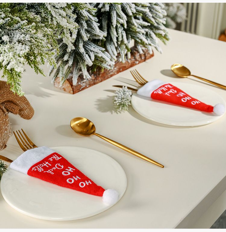 Weihnachtsschmuck kleiner Hut Messer und Gabel Set Tischdekoration Messer und Gabel Tasche Weinflaschenset_voghion.com