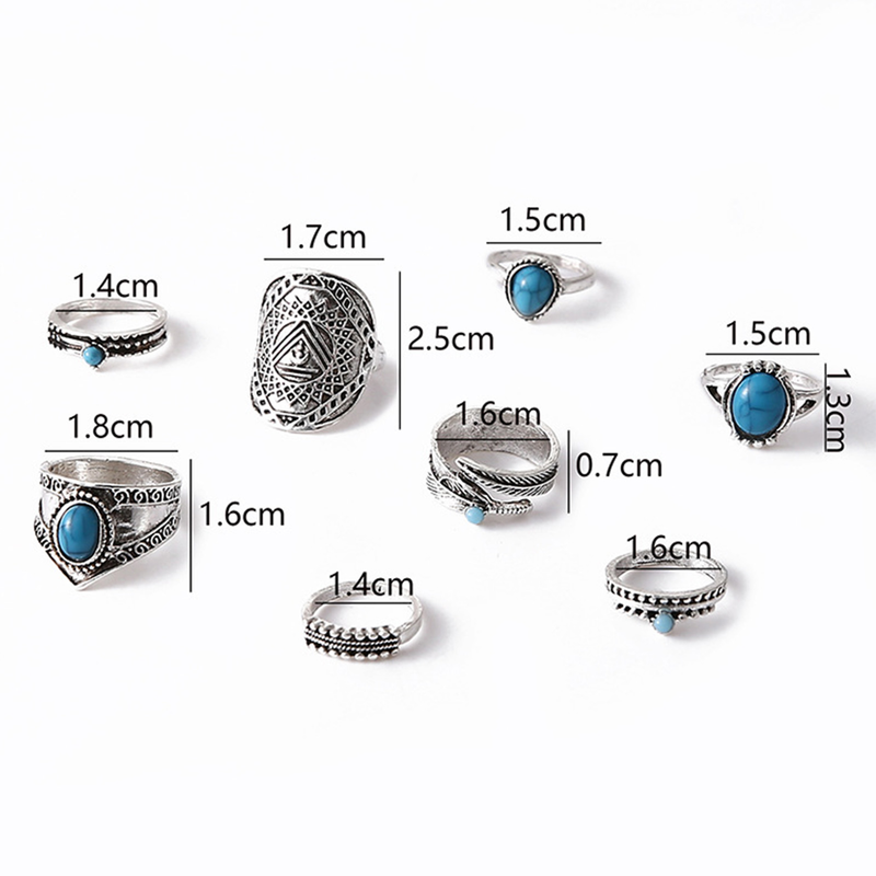 Qianbihe 8 pezzi anelli nocca foglia turchese unisex bohemien anelli impilabili gioielli di moda-argento_voghion.com