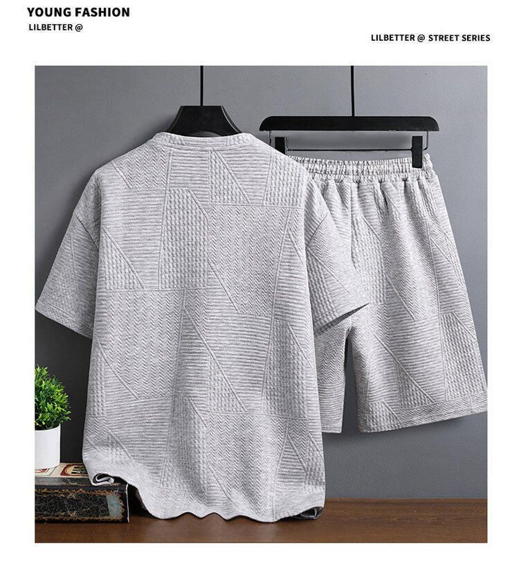 Men's Clothing Waffle Youth Short Sleeved Casual Sports Suit Loose Large Size Trendy Handsome Shorts Two Piece Suit_voghion.com