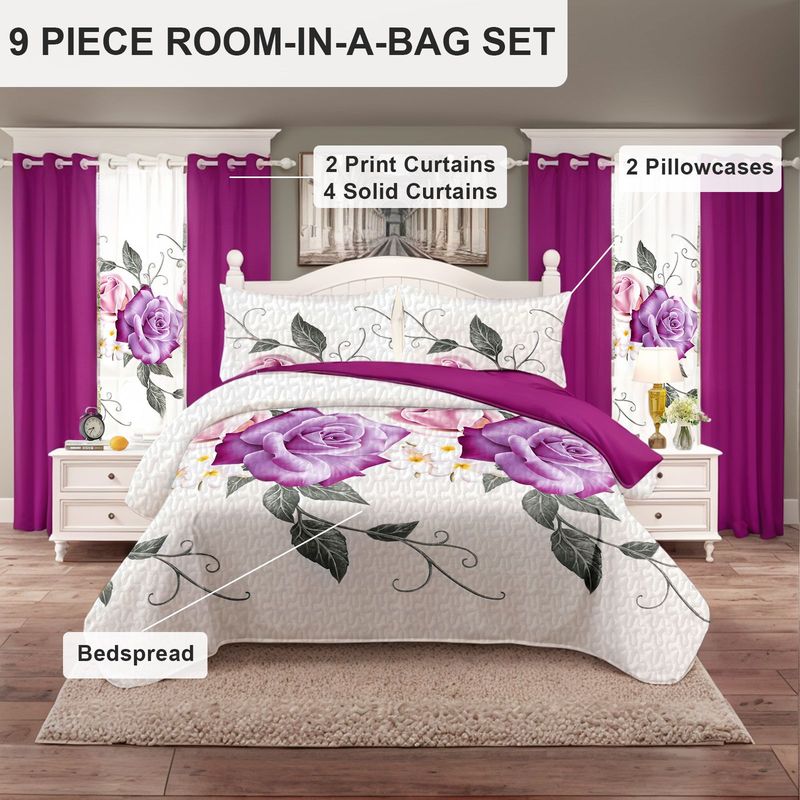 9 Piece Soft All-Season Washed Microfiber Cover Set , Queen/King/Calking Bedding Set With Pillowcases,Bedspread Print Curtains & Solid Curtains,Print, Moisture-Wicking, Soft ,Cooling, Easy Care_voghion.com