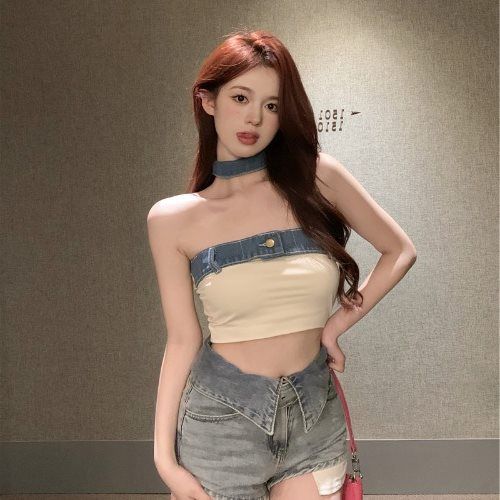 Strapless Tube Color Block Camisole 2025 Summer New French Style Eleant Hot Girl Off-Shoulder Top Short Women's_voghion.com
