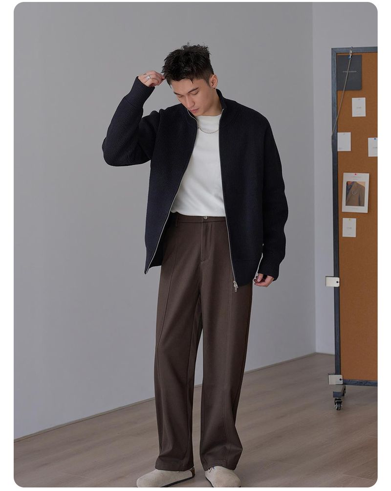 Men's Chunky Knit High-Neck Cardigan With Dual Zippers, Oversized Black Pullover Sweater For Autumn & Winter_voghion.com