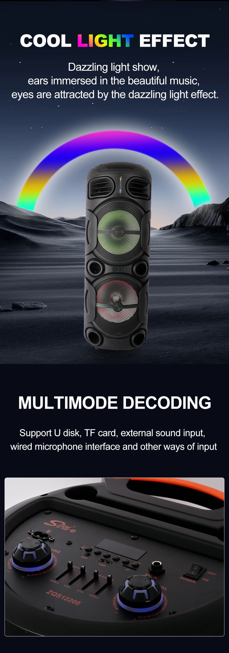Altavoz Bluetooth inalámbrico ZQS12208 con batería de larga duración para uso doméstico y exterior, con micrófono y karaoke._voghion.com