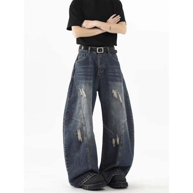 Men's Clothing Washed Distressed Jeans Loose Wide Leg Straight Leg Floor Length Trousers Street Rocking Cool Pants Trend_voghion.com