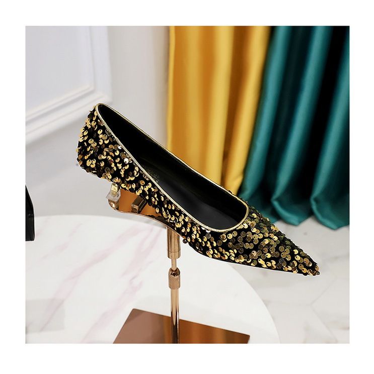 Glitzernde High Heels mit spitzer Zehenpartie für Damen – Elegante Partyschuhe mit niedrigem Schnitt und Glitzerstoff und bequemem Mittelabsatz für Frühling und Herbst_voghion.com