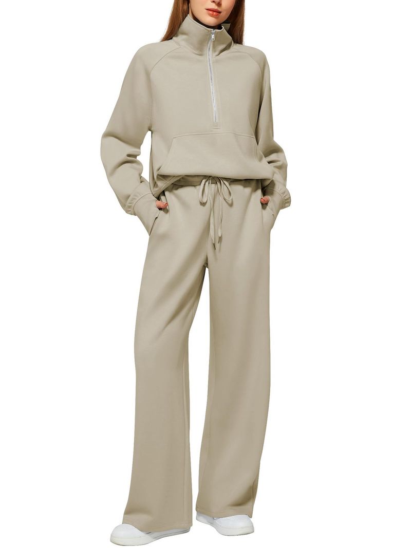 2025 Women's Two-Piece Oversized Half-Zip Sweatshirt Wide-Leg Sweatpants Casual Set_voghion.com