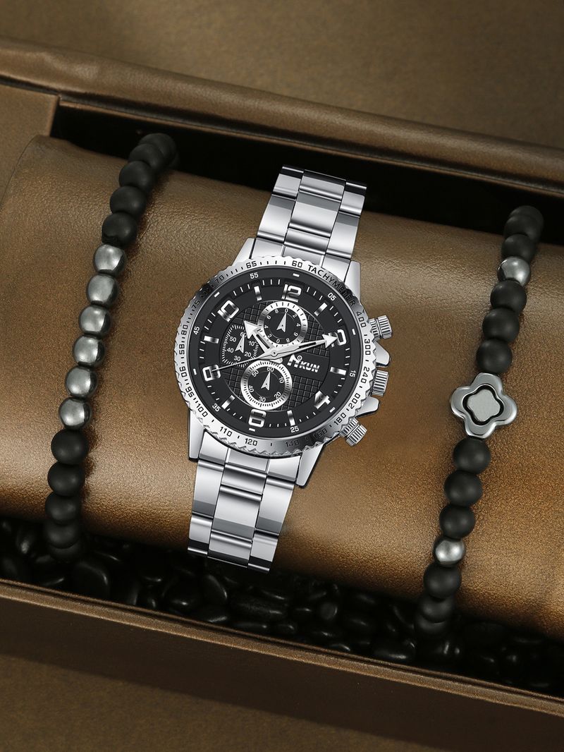 Men's Watch Set Grid Digital Pointer Steel Band Men's Quartz Watch Business All Match Crown Bracelet Set_voghion.com