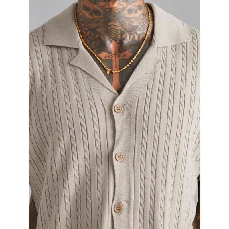 Pulls tricotés pour hommes, nouveaux hauts d'été de couleur unie, manches courtes, revers ajouré, respirant_voghion.com
