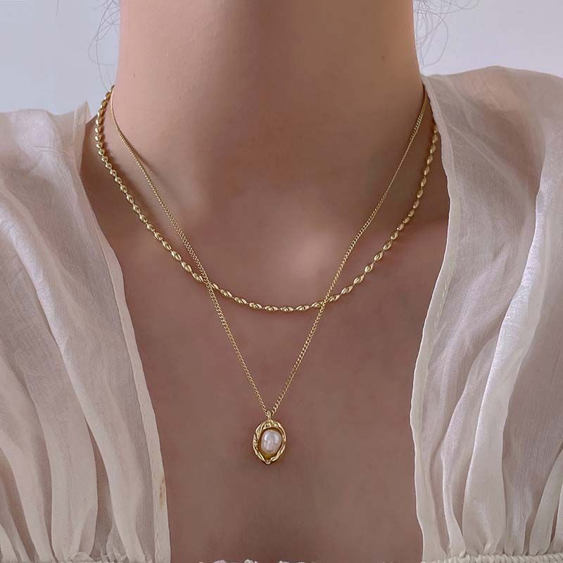 Mode Vintage Doppel Schicht Perle Anhänger Halskette Für Frauen Elegante Silber Farbe Unregelmäßigen Schlüsselbein Kette Halsketten Schmuck 2024_voghion.com