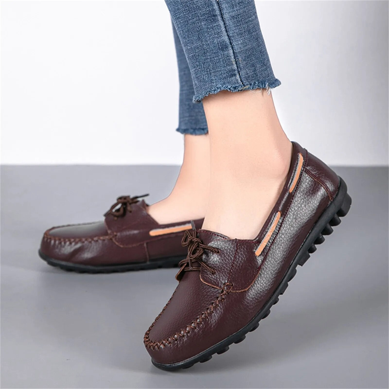 Women Loafers Soft Leather Solid Casual Flat Lace-up Fashion Breathable Comfortable Walking Single Shoes Large Size_voghion.com