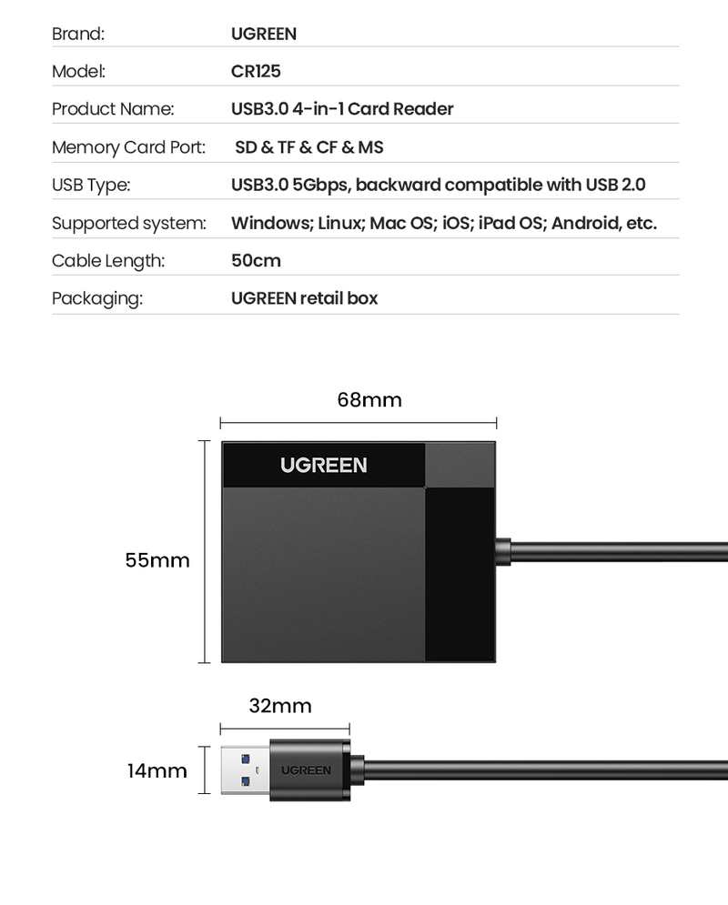 UGREEN Card Reader 4-in-1 USB3.0/USB-C SD Micro SD TF CF MS Compact Flash Card Adapter For Laptop PC Multi OTG Smart Card Reader_voghion.com