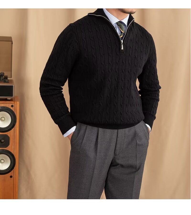 Men's Clothing Cozy Retro Zip-Up Knit Sweater For Men & Women, Soft Pullover With Embroidered Badge, Loose Fit Casual Wear, Black/White, Sizes M-3XL_voghion.com