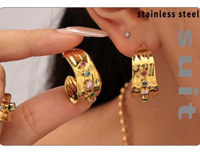 Mixed Zircon Open Ring C Shaped Earrings Stainless Steel Plated Real Gold Color Preserving Jewelry Set_voghion.com