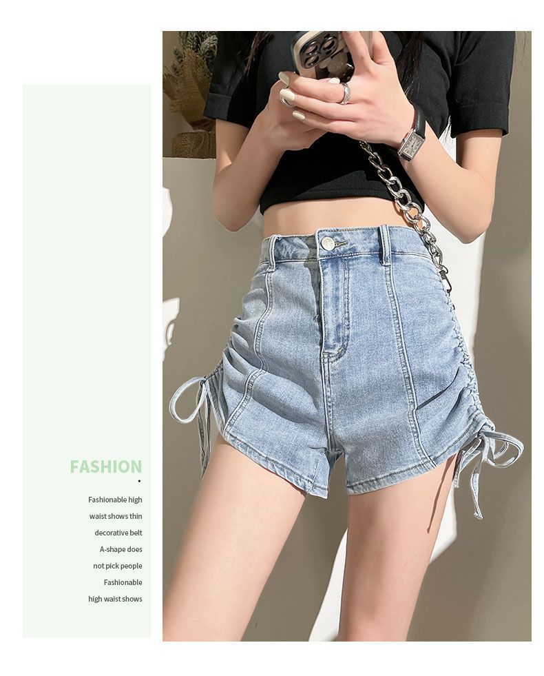 Strap drawstring denim shorts for women in summer, niche design with high waist slimming effect. Spicy girls have a_voghion.com