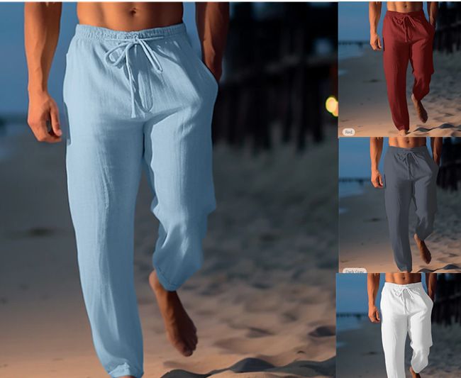 Men's Cotton Linen Pants Summer Casual Beach Drawstring Elastic Waist Straight Leg Breathable Comfortable Trousers_voghion.com