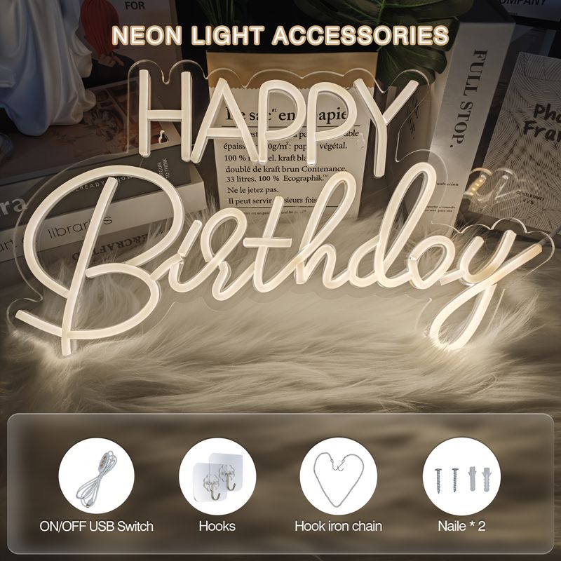 1 Stück Happy Birthday LED-Flüssig-Neonlicht, warmweißes LED-Wandlicht mit Schalter, USB-Stromversorgung, Kunststoffmaterial, 17,7 * 10,2 Zoll_voghion.com