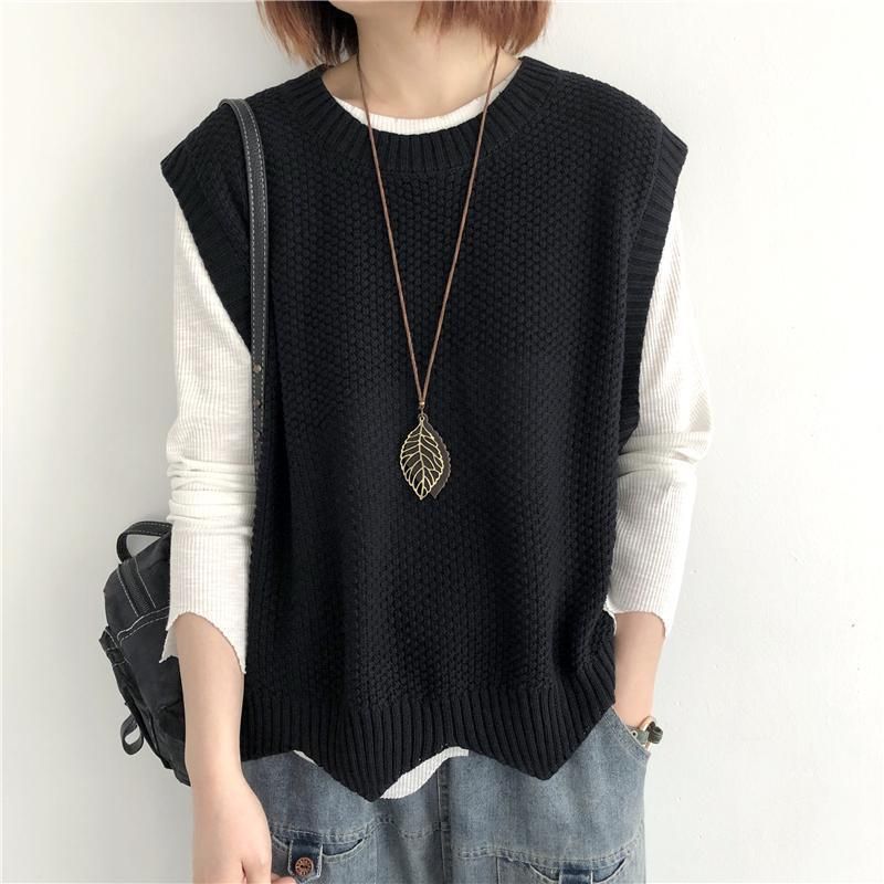 K Women's Knitted Vest; Pure Color, Loose, Round Neck, Irregular Pullover Short Cardigan._voghion.com