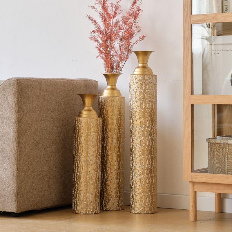 Metal Decorative Vases High Distress Metal Center Vases With Growing Vine Patterns, Set Of 3 Vases For Home Decoration 34 ", 29 ", 25 "H, Gold_voghion.com