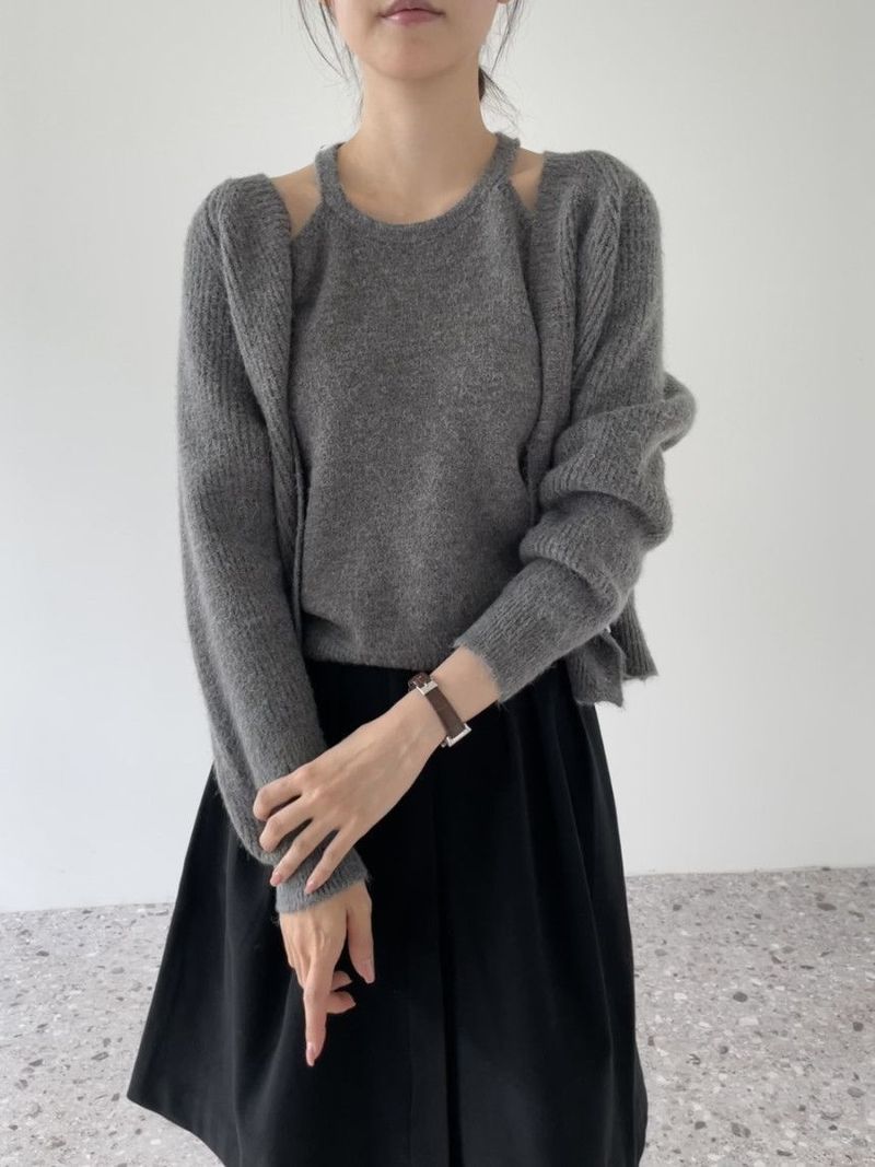 Lazy Knit Cardigan Set Damen Zweiteiliger V-Ausschnitt Langarm Pullover mit offener Vorderseite und Trägerweste_voghion.com