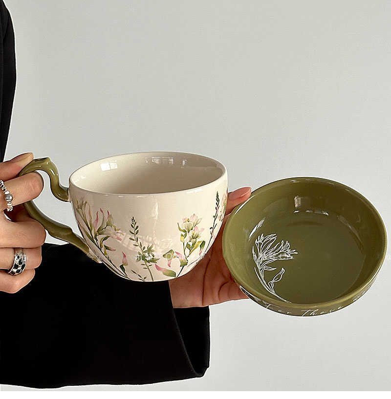 Large Capacity Ceramic Coffee Cup Set - Retro Breakfast Milk Mug With Lid Dish Household_voghion.com