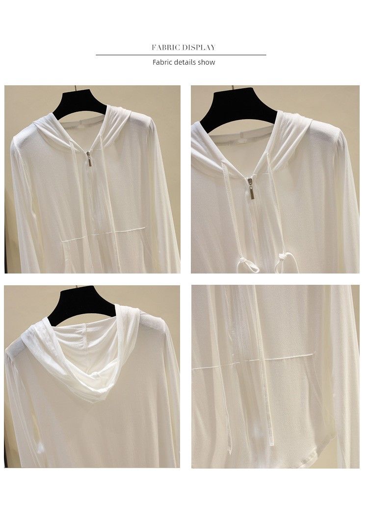 Giacca sottile con cappuccio bianco e orlo curvo, protezione solare_voghion.com