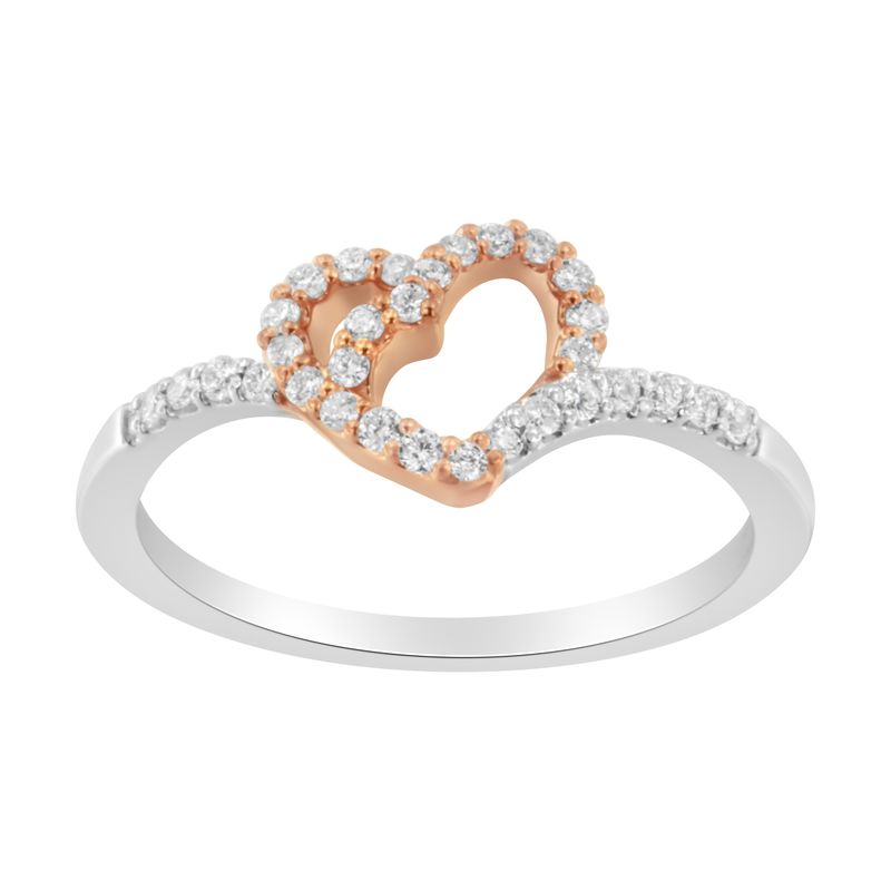 10K Rose Gold over .925 Sterling Silver 1/5 Cttw Diamond Two Tone Open Heart Promise or Fashion Ring (I-J Color, I2-I3 Clarity)_voghion.com