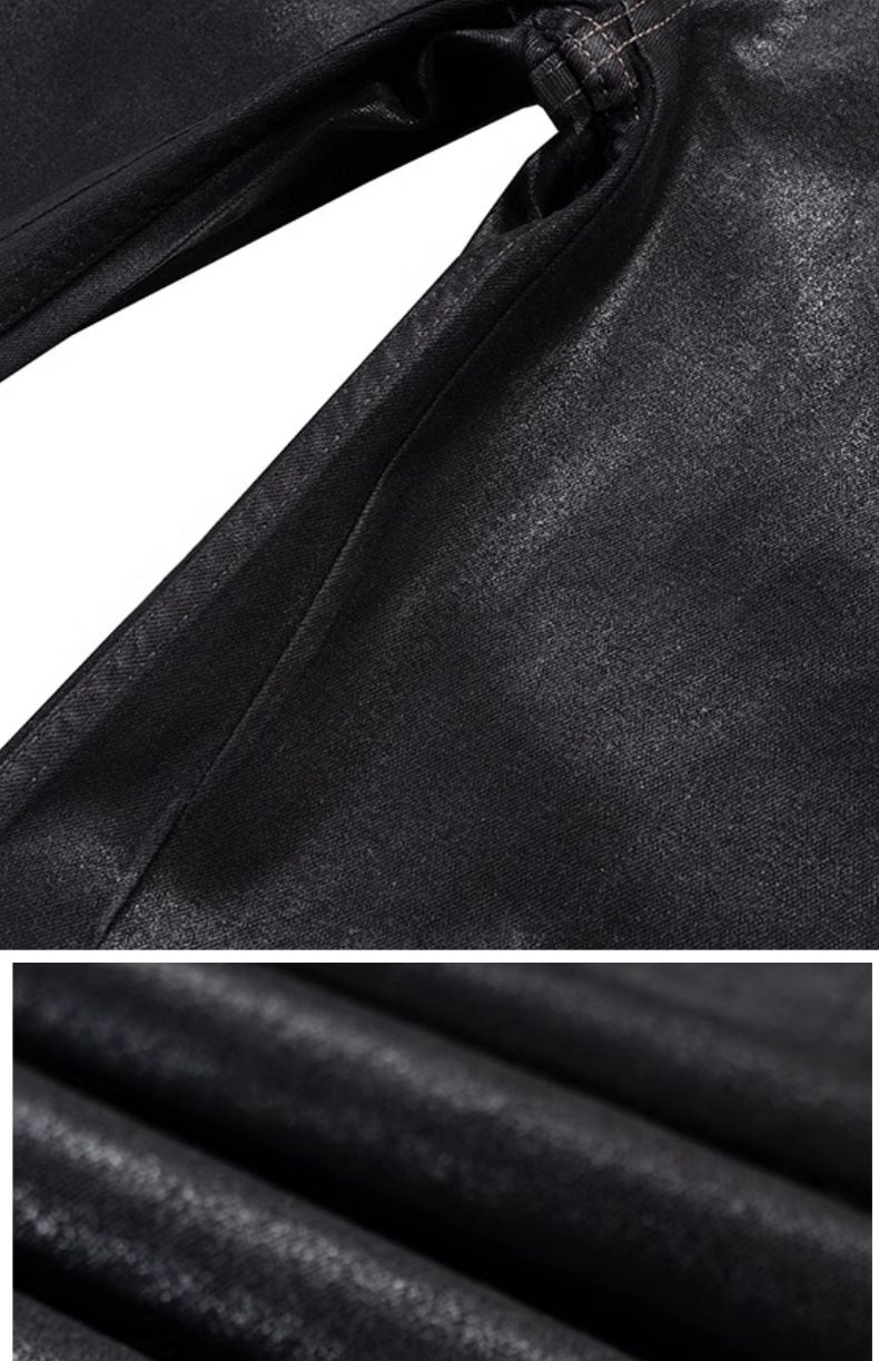 Men's Clothing new niche dark wax coating ribbon slightly elastic wide leg flared mopping piled denim trousers trend_voghion.com
